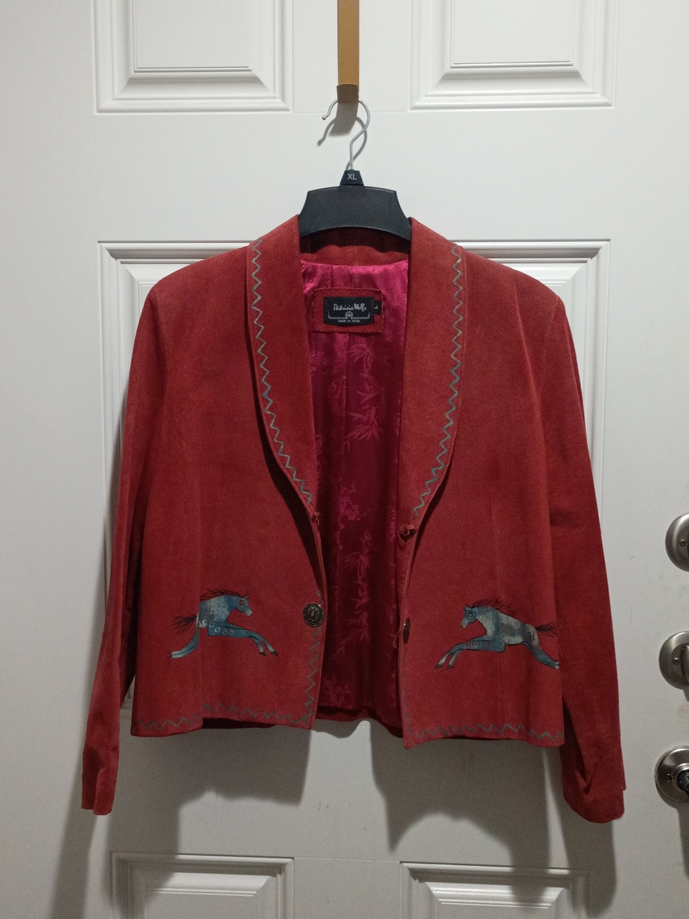 Embroidered Red Suede Open-Front Blazer Jacket